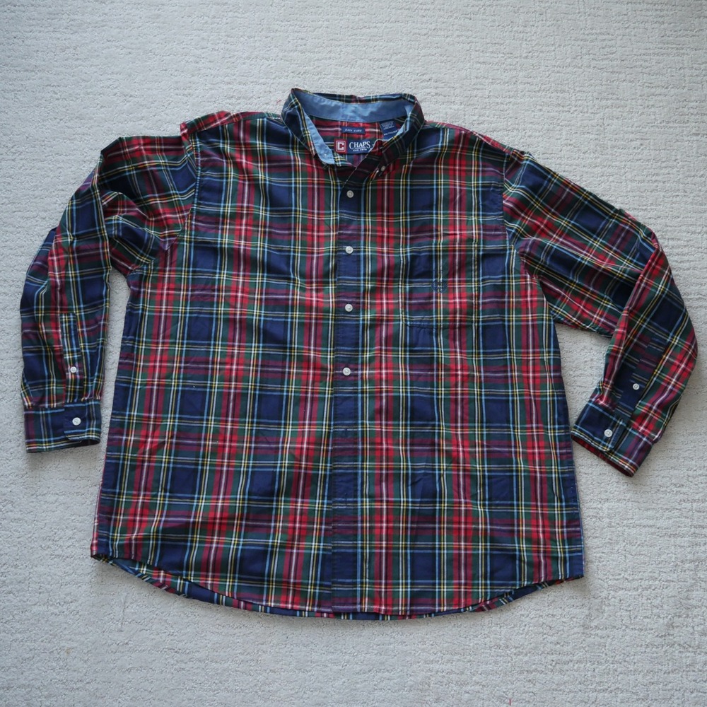 Chaps Mens XXL Red Navy Plaid Button Down Shirt Easy Care Long Sleeve Pocket